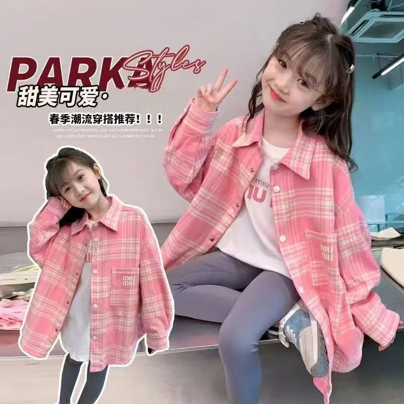 2024 New Girls' Spring and Autumn Shirt Children's Fashionable Casual Long-Sleeved Plaid Two-Piece Set for Large Children