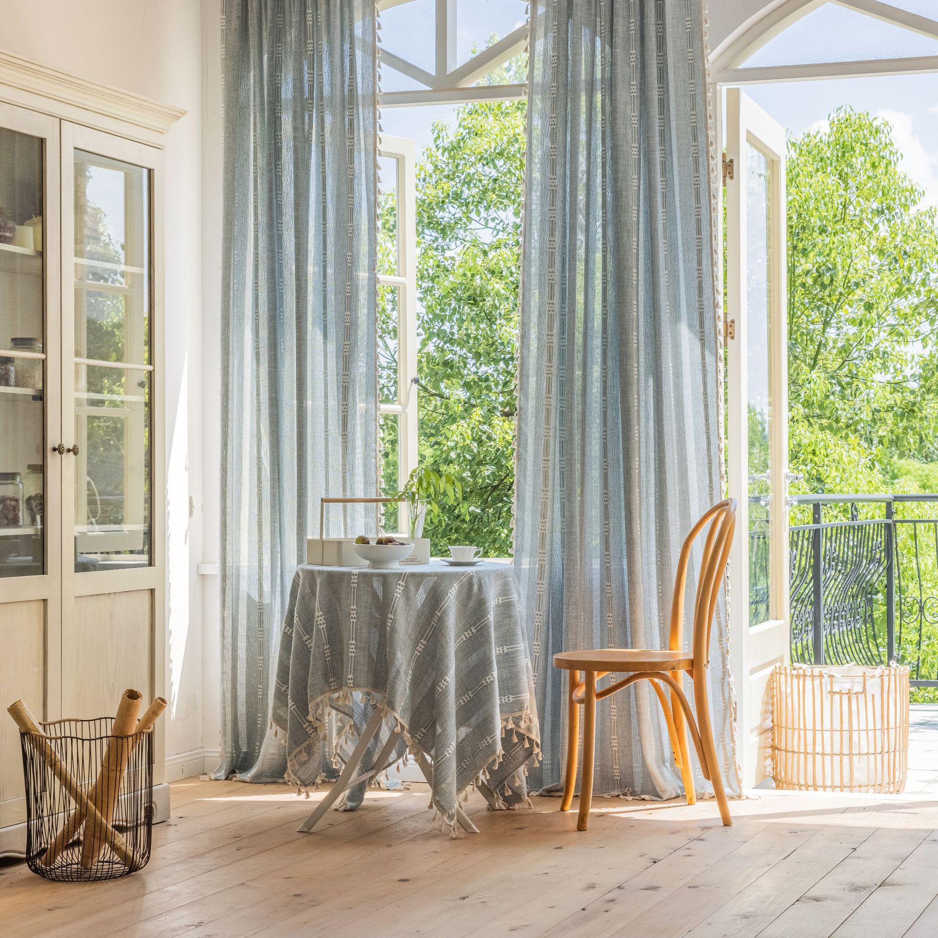 Picture of Yuman Qiyun Curtain Finished Green Plain Stripe Embroidered Curtain Semi-Shaded Hollow Kitchen Living Room Window Curtain