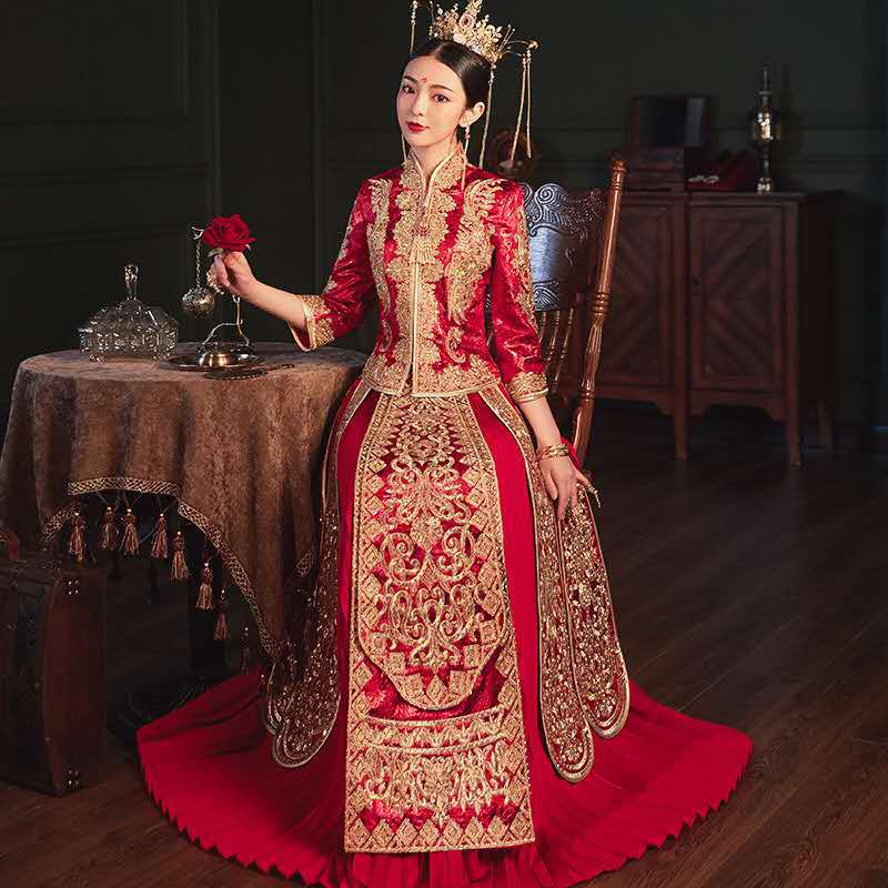 Xindeqi Xiuhe cheongsam dress 21 spring and autumn embroidery new women's purple ink satin improved fashion wedding banquet back-to-door performance