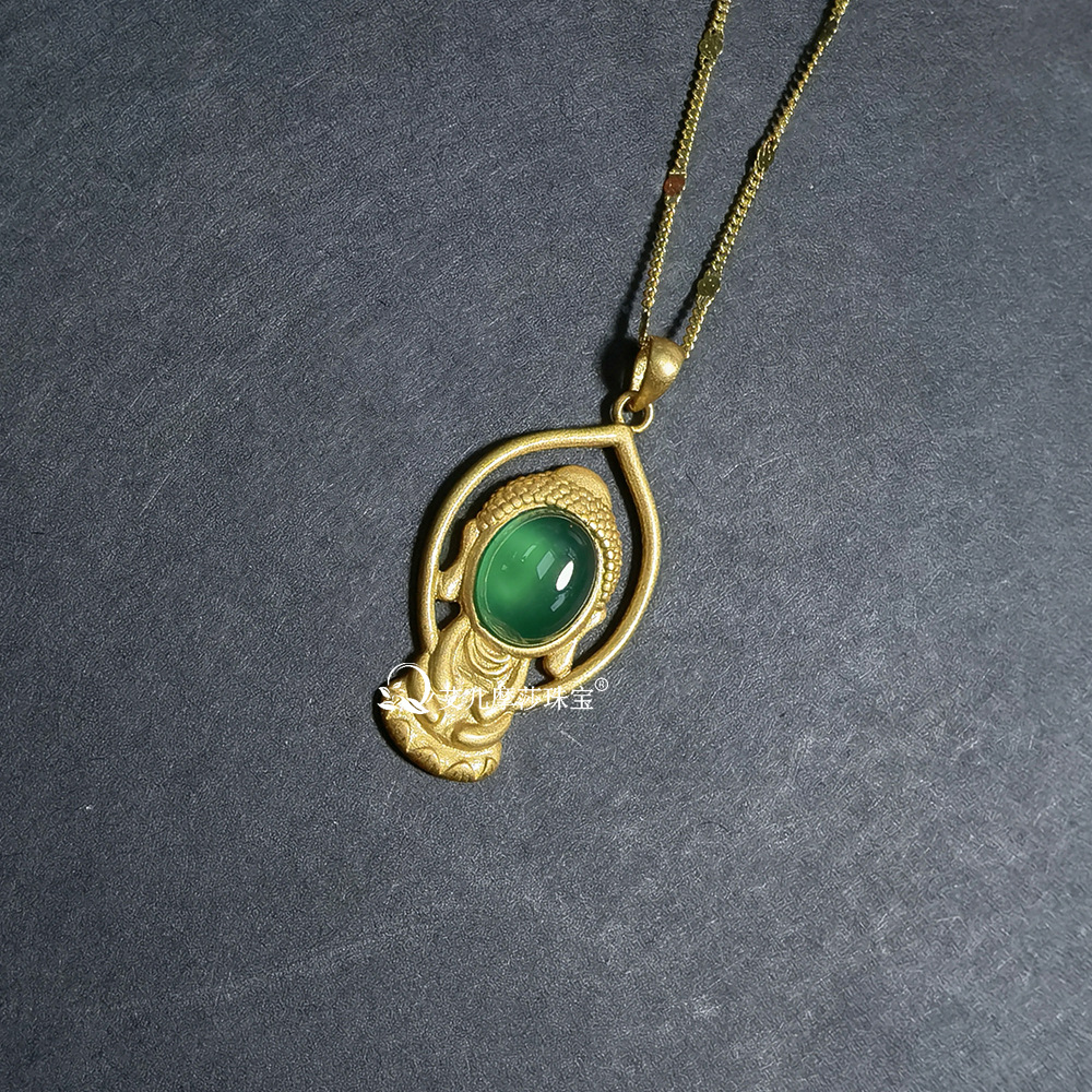Elle Mosha Jewelry Guofeng S925 Silver Plated Gold Inlaid Jade Buddha Pendant Necklace Live Wholesale Supply