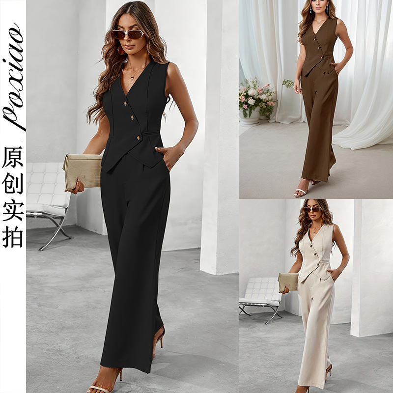 Picture of Cross-Border European and American Solid Color V-Neck Sleeveless High-Waisted Women's Pants Suit Commuting Button Set
