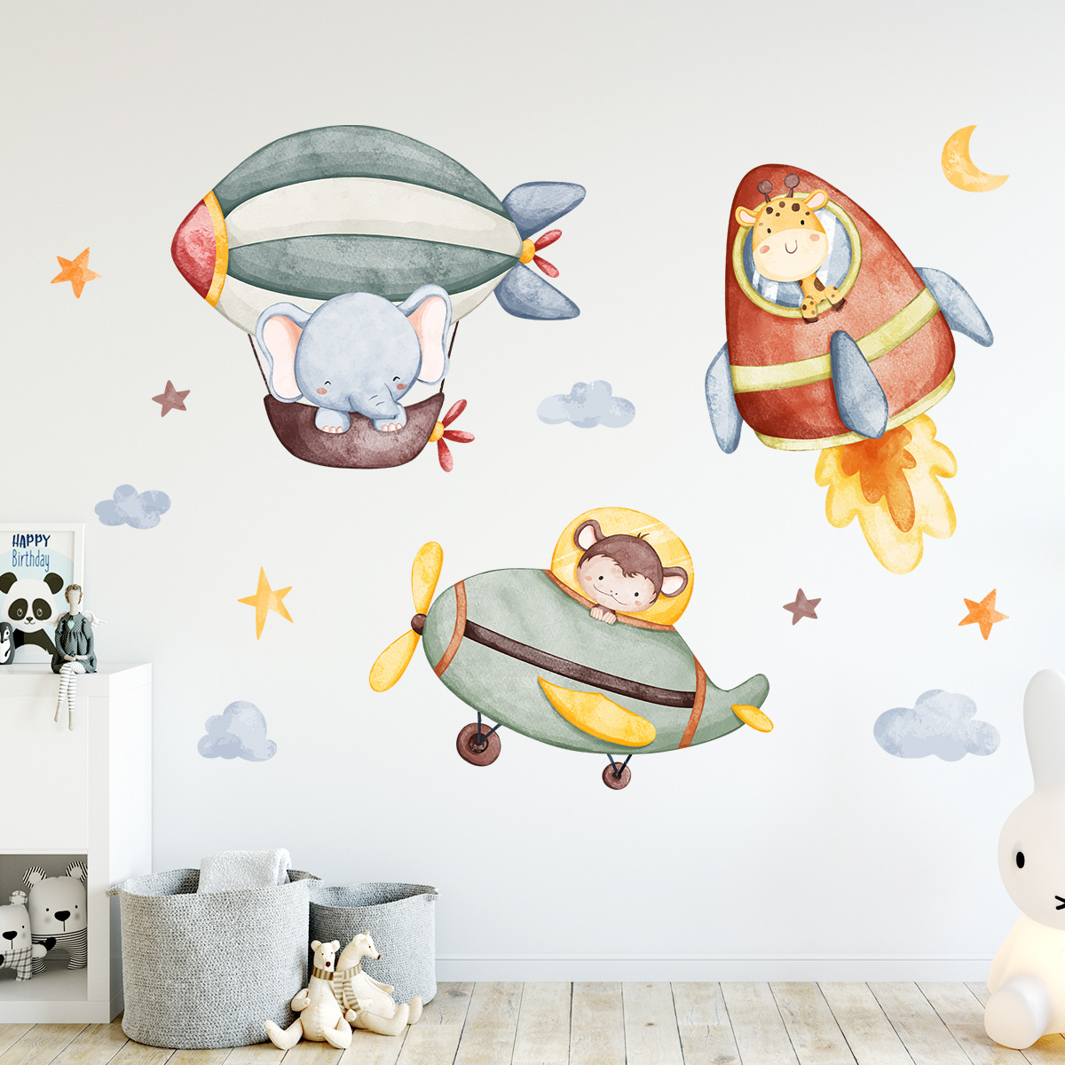Br93666 Cartoon Cute Elephant Animal Rocket Plane Hot Air Balloon Wall Sticker Bedroom Children's Room Decoration Sticker