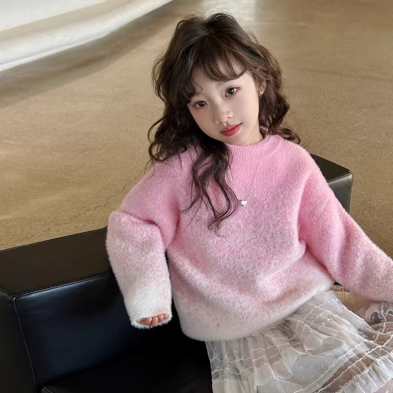 Girls' 2024 New Sweater Autumn and Winter Western Style Internet Popular Children's Mink Velvet Thickened Girls Middle and Big Children's Base Shirt