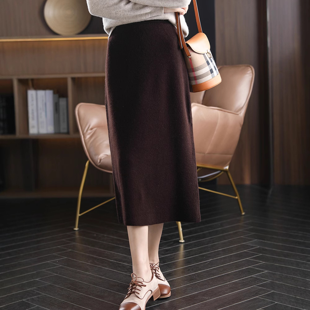 Winter New Andy Velvet Solid Color Skirt Women's Knitted All-match Autumn and Winter Long High Waist Slimming Wool Skirt A