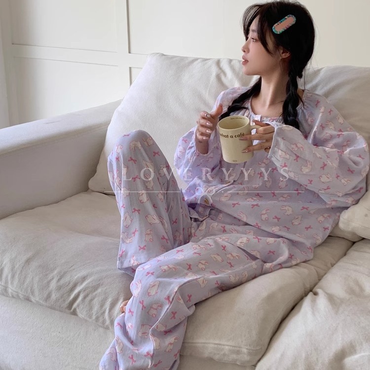Sweet Cute Cartoon Crewneck Cardigan Pajamas Women's 2024 Autumn Long Sleeve Trousers Loose Gentle Purple Home Clothes