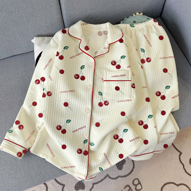 Air cotton pajamas women's winter long sleeve sweet cherry suit spring new home clothes can be worn real shot wholesale