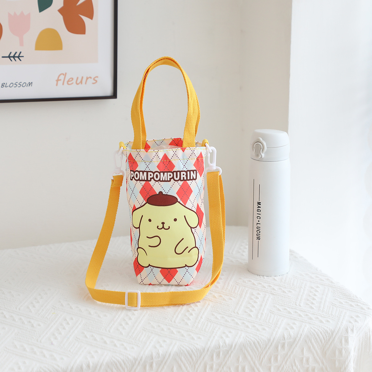 Picture of Japanese Style Cartoon Cute Canvas Water Cup Bag Crossbody Portable Dual-purpose Water Kettle Bag Outgoing Small Cloth Bag Handbag