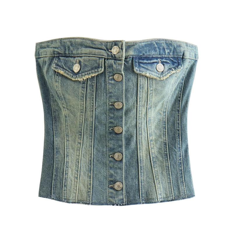 European and American Style Women's Clothing 2023 Summer New Sweet and Spicy Pure Lust Style Retro Sexy Road Shoulder Denim Short Tube Top