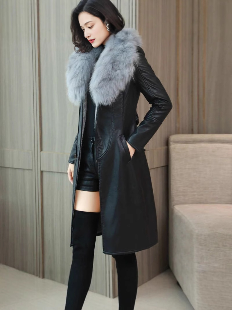 Picture of [Noble Light Luxury] Korean Women's Winter fleece-lined Fur Coat Mid-length Slim-fit Strap Large Fur Collar Leather Coat