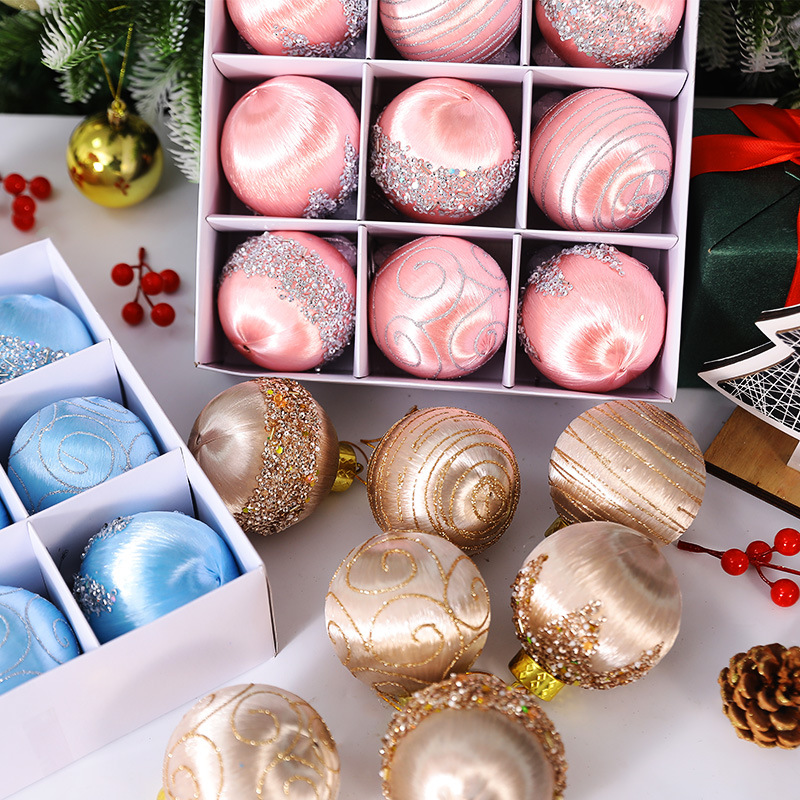 Cross-Border New Christmas Ball Silk Wave Silk Ball Stereo Painted 8Cm9Pcs Foam Ball Christmas Tree Decoration Hanging Ornaments