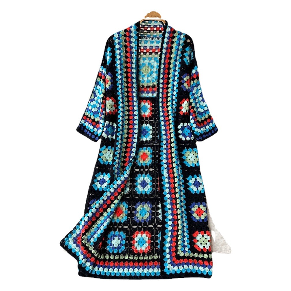 Spring and Autumn bohemian holiday ethnic style printed retro long elegant jacquard hollow long sleeve shawl cardigan fashion