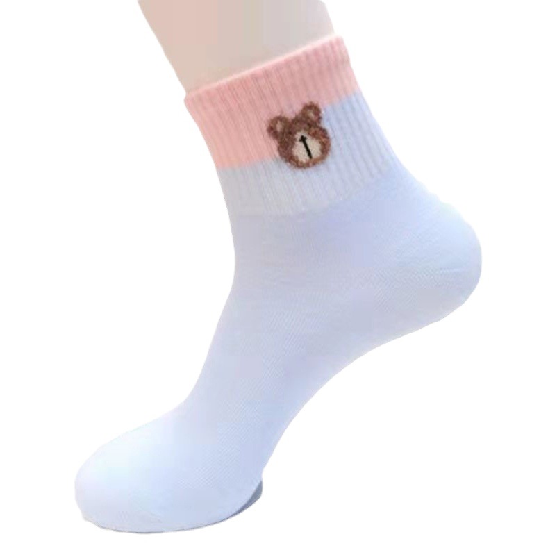 Autumn and Winter Candy Color Cute Women's Socks Japanese Bear Solid Color Mid-Autumn Socks Four Seasons Color Matching Ins Trendy All-Match Socks