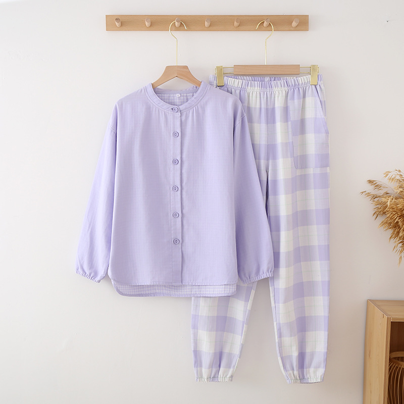Picture of Spring and Autumn Thin Yarn-dyed Gauze Women's Pure Cotton Pajamas Suit Japanese Style Long Sleeve Pullover Plaid Exterior Wear