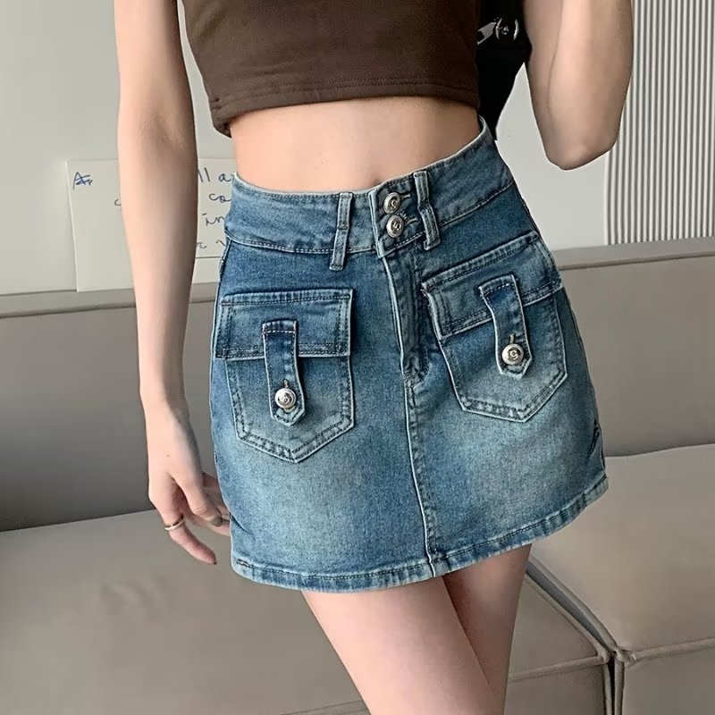 Vintage Denim Skirt 2023 Summer New Anti-glare Elastic Short Culottes High Waist Slim A- line Hip Skirt