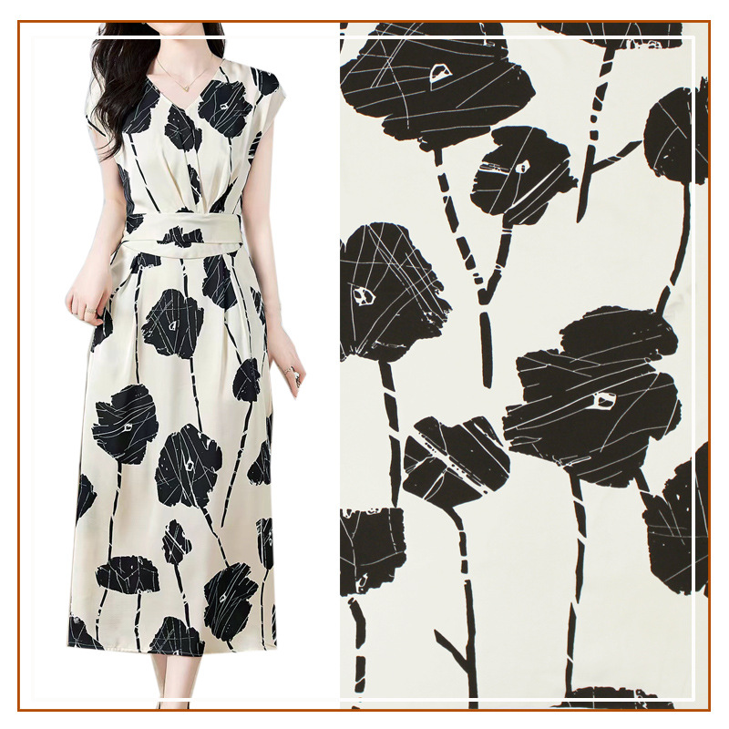 Plain Satin Large Leaf Printed Fabric Long Skirt Dress Suspender Skirt Short Skirt Shirt Top Large Leaf Pattern Fabric