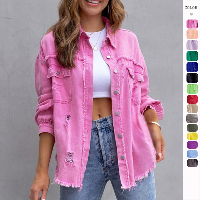 2025 New European and American Style Mid-Length Raw Edge Ripped Denim Jacket Women's Autumn and Winter Long-Sleeved Casual Lapel Top