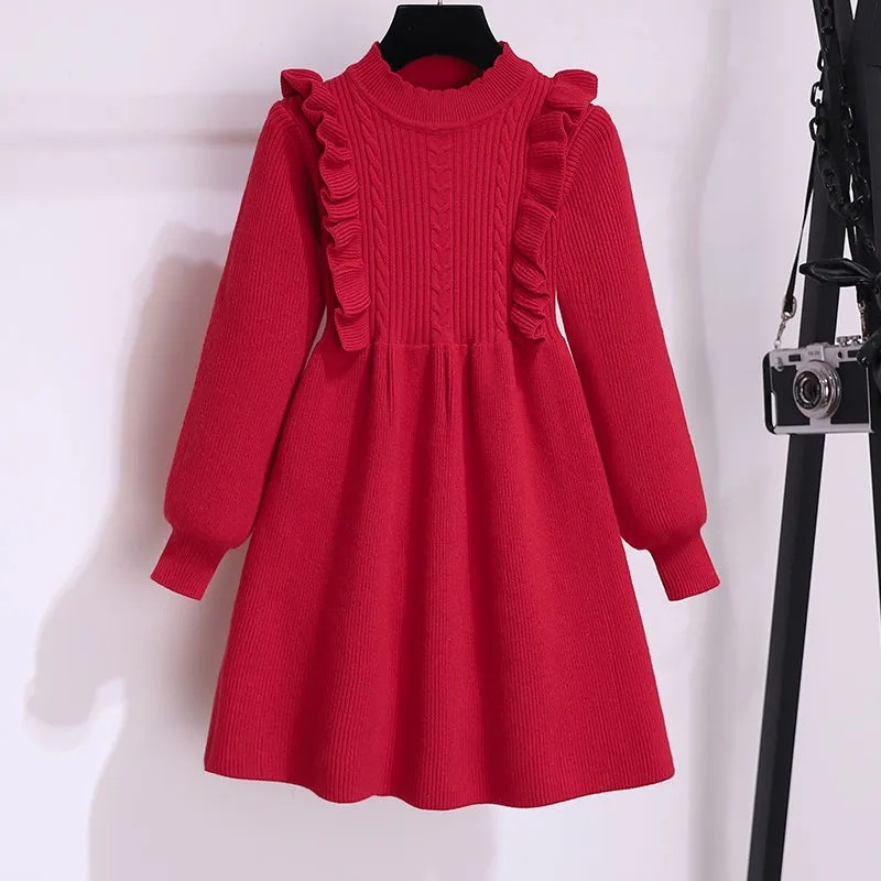 Picture of Girls' Sweater Dress Winter New Style Middle and Large Children's Knitted Dress Children's New Year Spring and Autumn Western Style Skirt Autumn Clothing