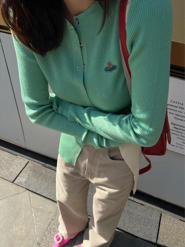 Picture of Green Long-Sleeved Knitted Cardigan for Women Spring & Fall New High-End Slim Slim Long-Sleeved T-Shirt Thin Outwear Top