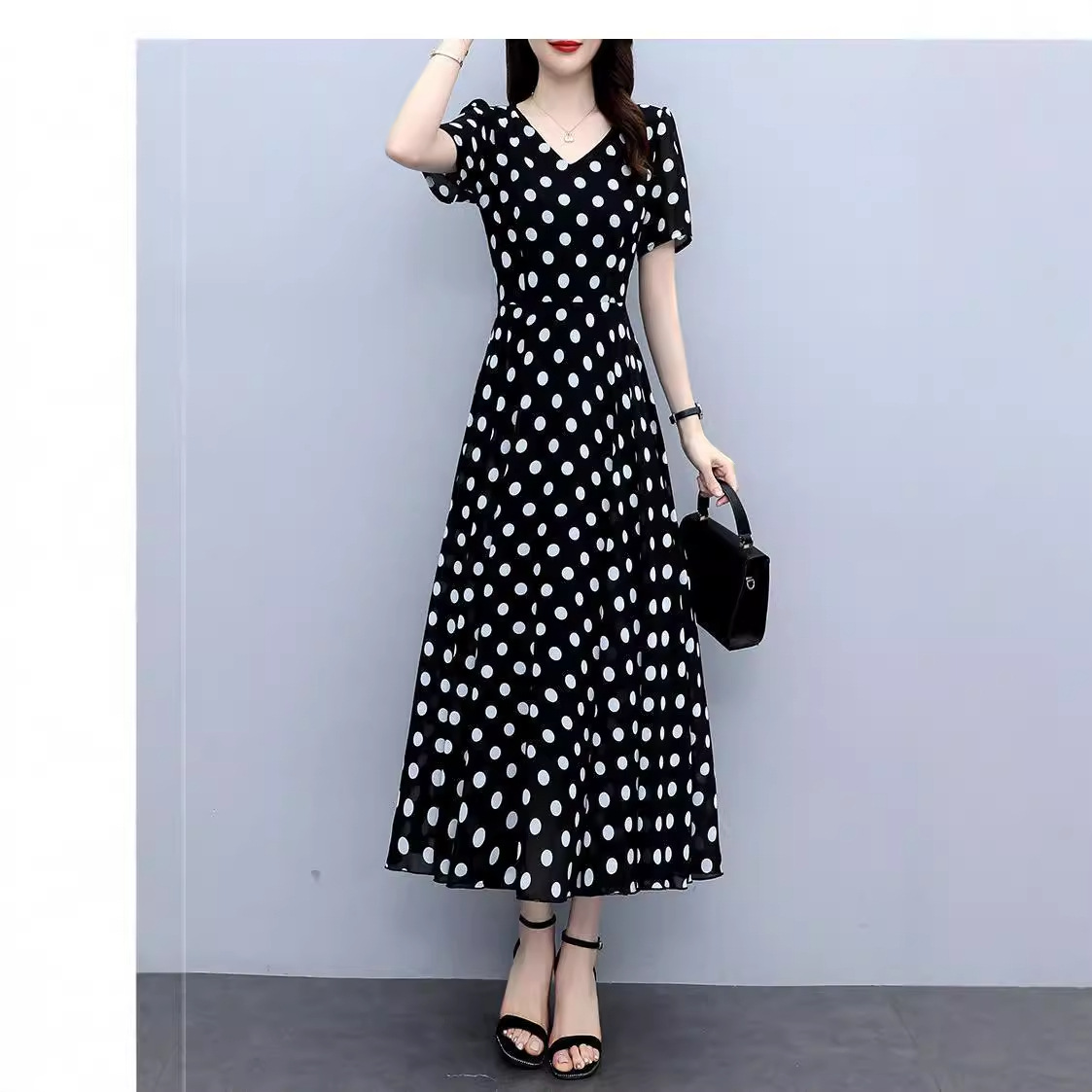 Picture of Summer 2024 New Fashionable Polka-Dot Chiffon Dress with Slim Waist and Western Style Long Over-The-Knee Long Skirt