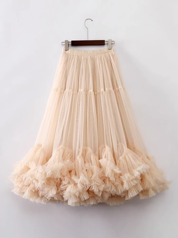 European and American Simple Mesh Skirt 2025 Summer New Women's Fashion Fungus Lace Fluffy Oversized Skirt