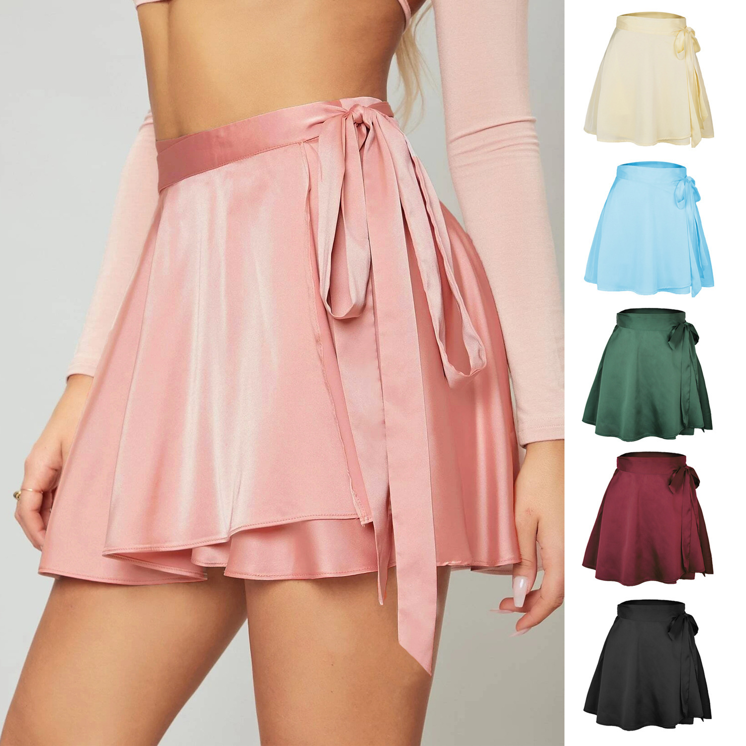 Amazon Explosions Solid Color Skirt High Waist Fashion One-Piece Lace-Up Skirt Chiffon Satin Wrap Skirt