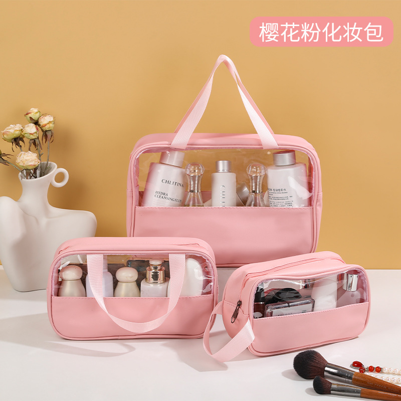 Picture of Transparent Toiletry Bag, Large Capacity Waterproof Portable Cosmetic Bag, Pu Splicing Bath Bag, Business Trip Travel Storage Bag, Portable