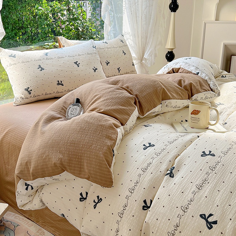Class A Mother and Infant Grade Washed Cotton Bed Four-piece Set ins Small Floral Bed Sheet Quilt Cover Bed Hat Student Dormitory Three-piece Set