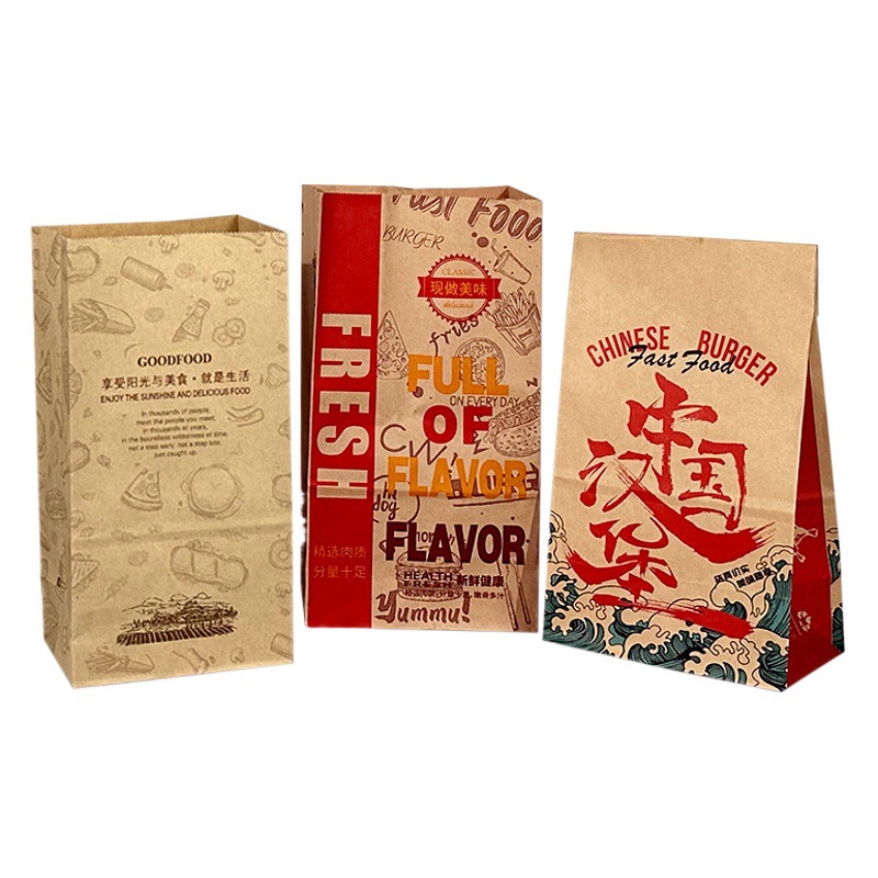 Hamburg Kraft Paper Packaging Bags, Takeout Bags, Fried Chicken and Chicken Steak Packaging Bags, Thickened Baking Square Bottom Bags, Wholesale Paper Bags