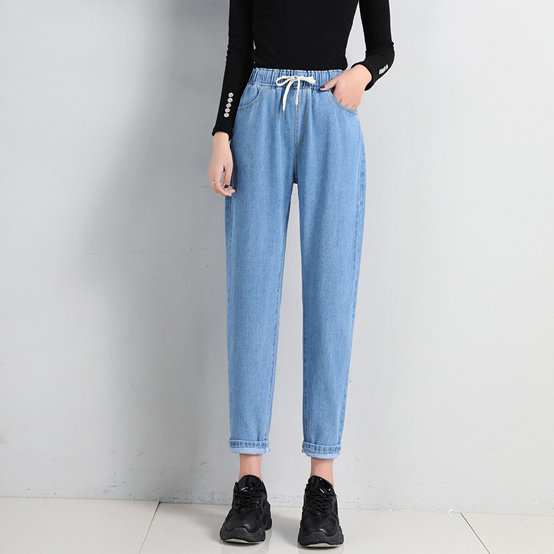 Picture of Korean Style Women's Straight Casual Elastoelastic Waist Lace-up High Waist Student Jeans Women's Loose Cropped Torre Pants Women