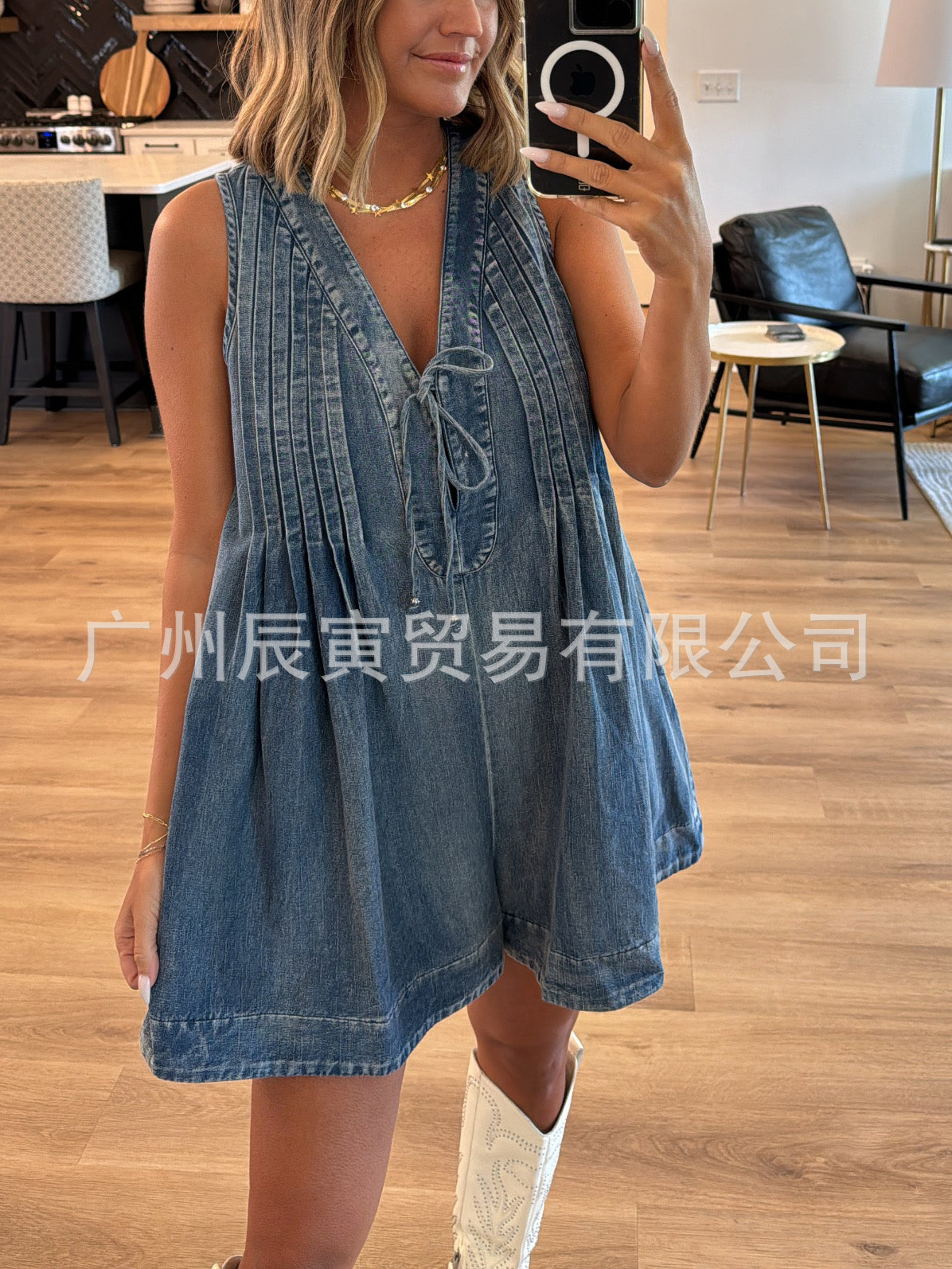 Ins Hot Selling European and American Women's Summer Jumpsuit Denim Pure Cotton Washed Pleated Deep V-Lace Shorts