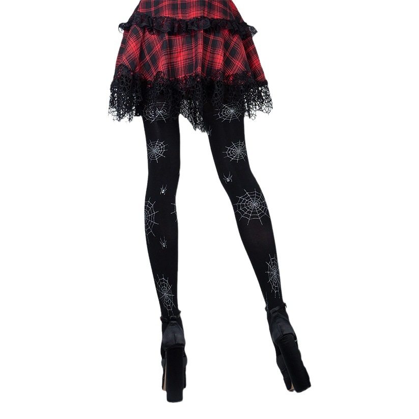 Summer thin anti-snagging sexy jk black silk printed spider web pantyhose female Halloween black stockings bottoming socks