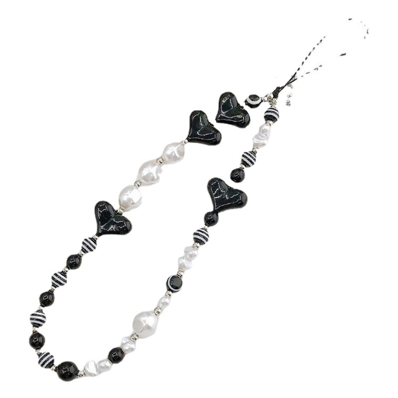 New beaded mobile phone chain black and white love mobile phone lanyard mobile phone pendant striped beads love anti-lost portable trend