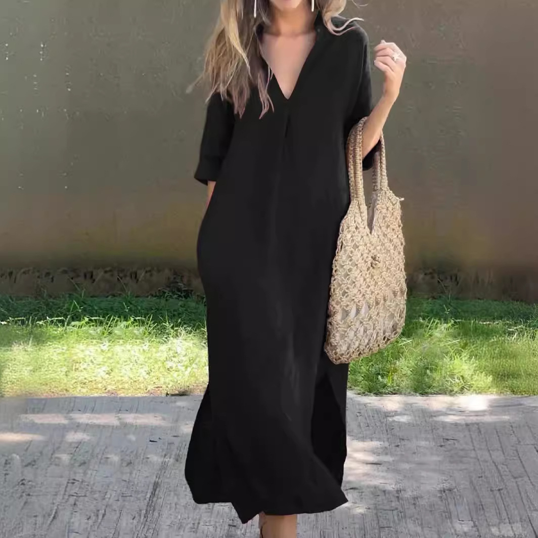 Picture of Amazon independent station cross-border cotton and linen women's summer explosions on both sides of the slit V-neck 7 sleeve chest pleated dress