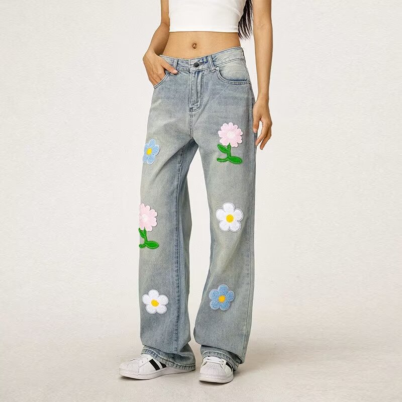 American Retro Niche Floral Embroidered Jeans
