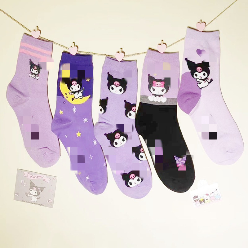 Women's Japanese-style cartoon purple combed cotton mid-calf socks cute cartoon stockings in stock wholesale