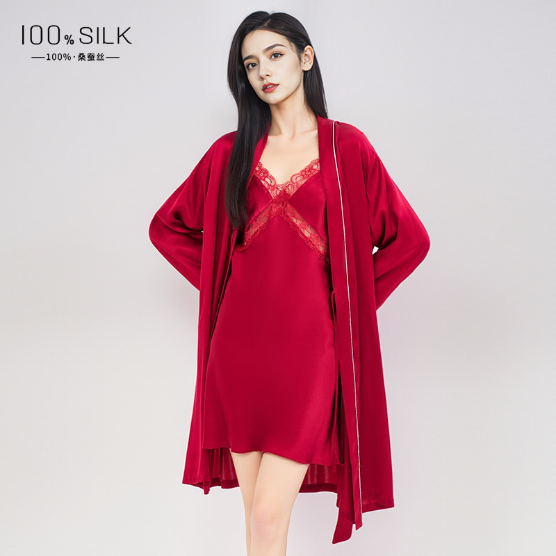 Summer New Silk Nightgown Two-Piece Set for Women 100% Mulberry Silk Suspender Skirt Wedding Red Home Clothes Set