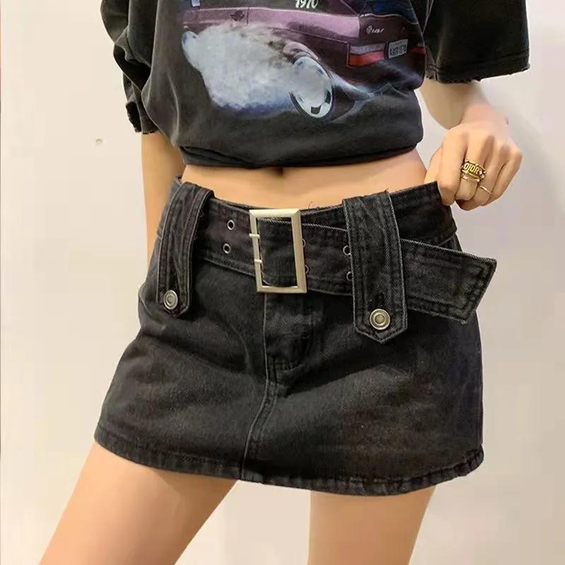 European and American Spice Girl bi Low Waist Denim Skirt Sexy Hip Skirt with Lining Slim Look Long Short Skirt for Women