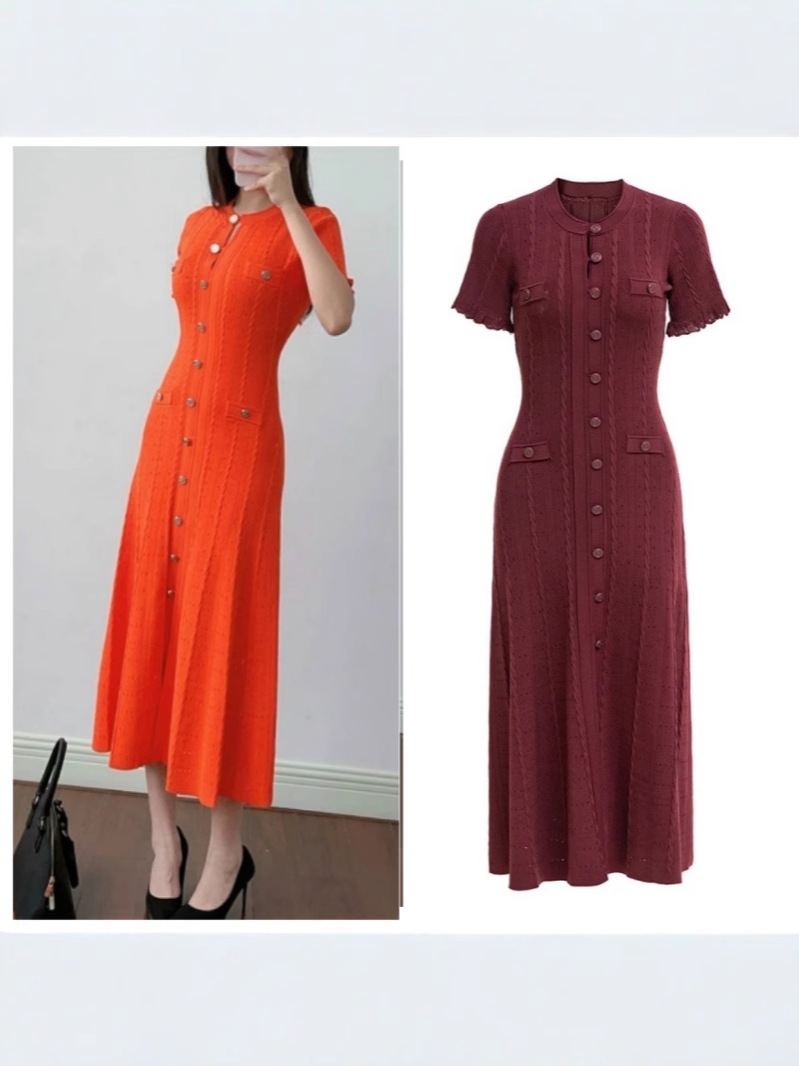 SD Home 2025 Summer Cross-border Women's Elegant Slim-fit French dress Women's Short-sleeved Crewneck Long Knitted Dress