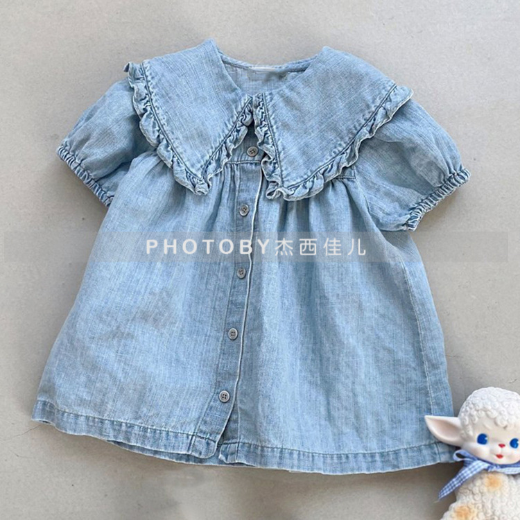 Picture of Girls Ins Korean Style Spring and Summer New dress Children's Lace Large Lapel Puff Sleeve Denim Princess Doll Dress