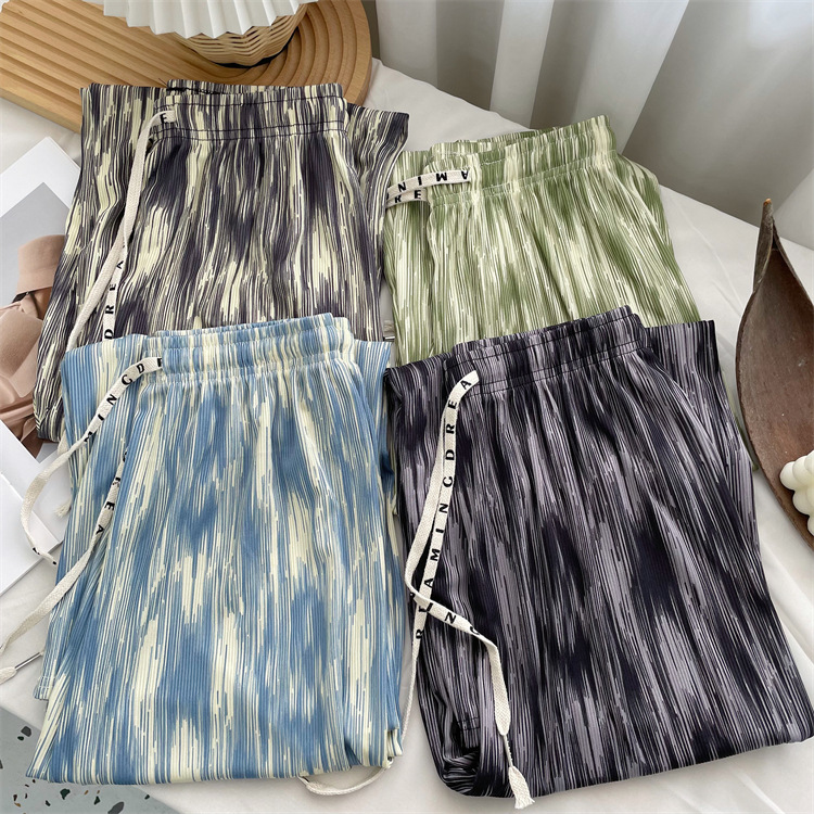 Summer Thin Ink Tie-Dye Wide Leg Pants Women's Straight Slim Look High Waist Trousers Narrow Ice Silk Casual Walking Pants