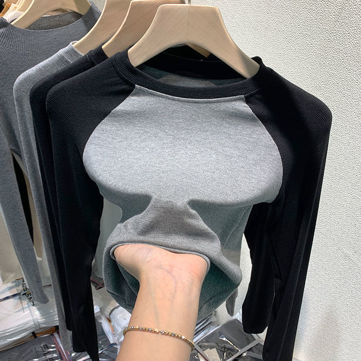 European Contrast Color Stitching Design Sense Long Sleeve T-Shirt Short Top Women's 2024 Autumn New Inner Base Shirt Ins