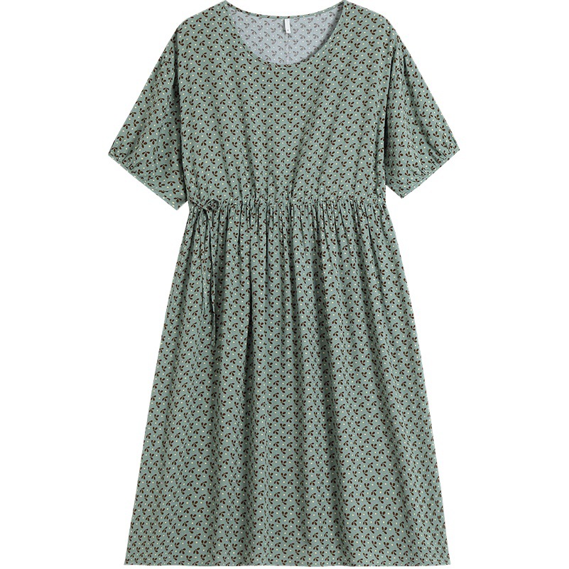 Short-sleeved Full-length Cotton Silk Nightgown Innovative Collapsible Belt Floral Over-the-Knee Long Skirt Large Skirt Oversize