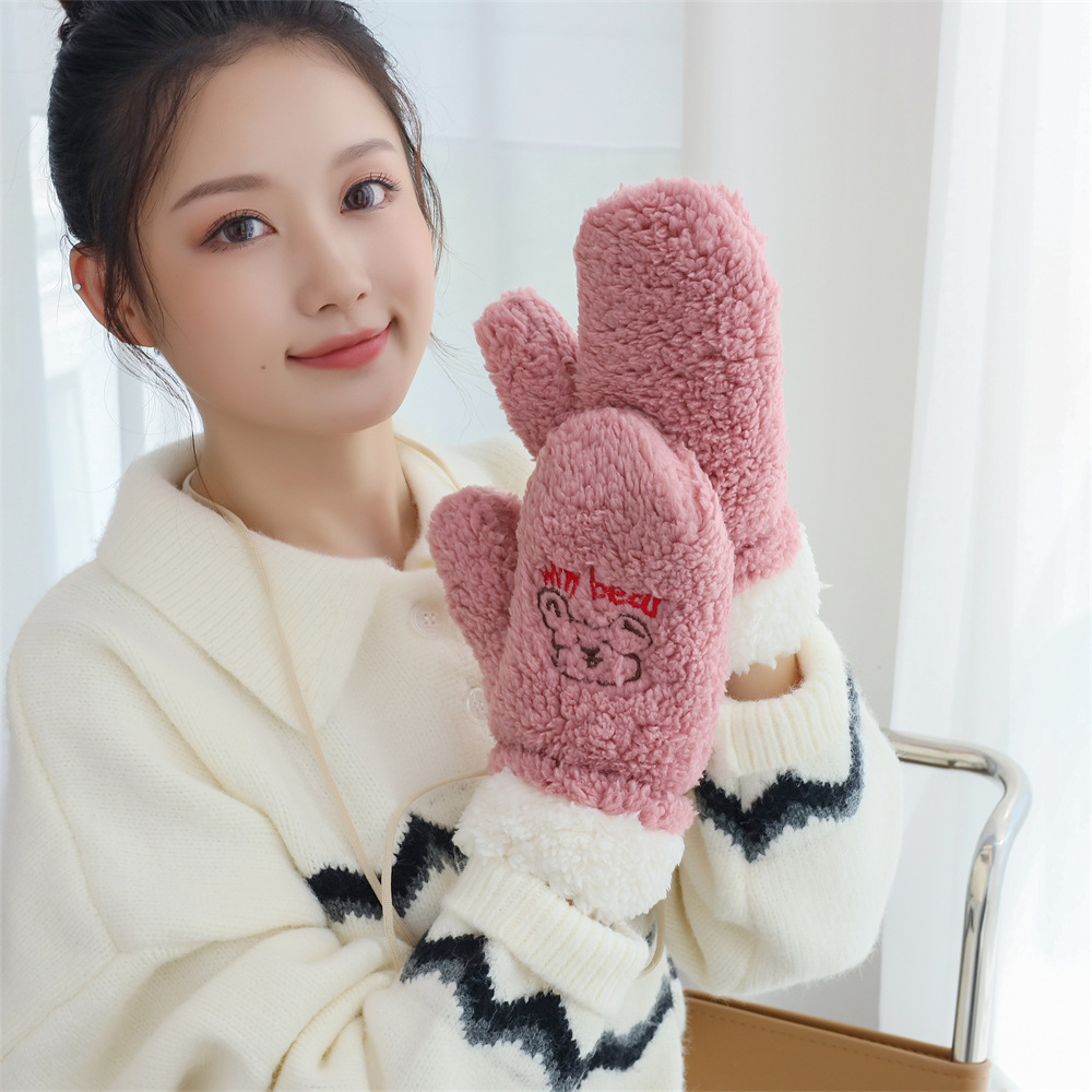 Picture of Cute Cartoon Bear Lamb Fleece Neck Riding Gloves Women's Autumn and Winter Cyber Celebrity Thickened Warm Cycling Cold-proof Fingers