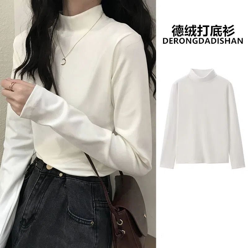 Lbx~Autumn and Winter Velvet Thickeneded Double-Sided Brushed Half Turtleneck Bottoming Shirt for Women, Versatile Warm Long-Sleeved T-Shirt Top