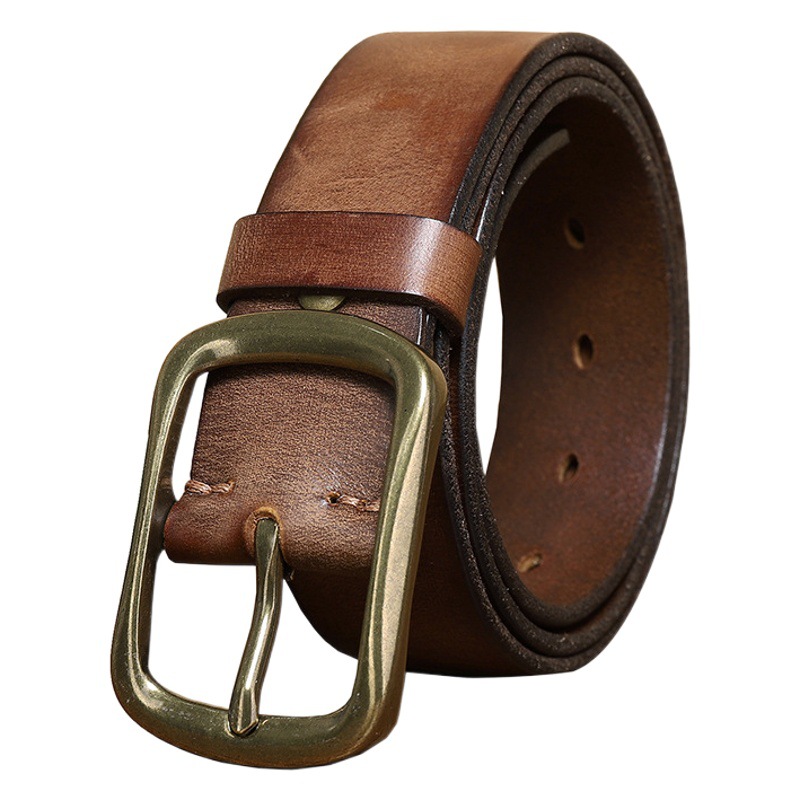 Vintage Hand-polished Color All-match Pleated Copper Buckle Belt Men's Genuine Leather Trendy Pin Buckle Pure Cowhide Middle-aged and Young People's Trouser Belt