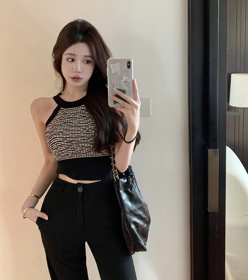 Picture of Sweet hot girl knitted camisole women's summer outer wear black halter short tight design inner top