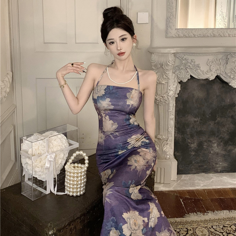 Printed Halterneck Hip-Hugging Dress, Slim and Elegant Long Skirt for Women, Summer New French Niche Suspender Skirt