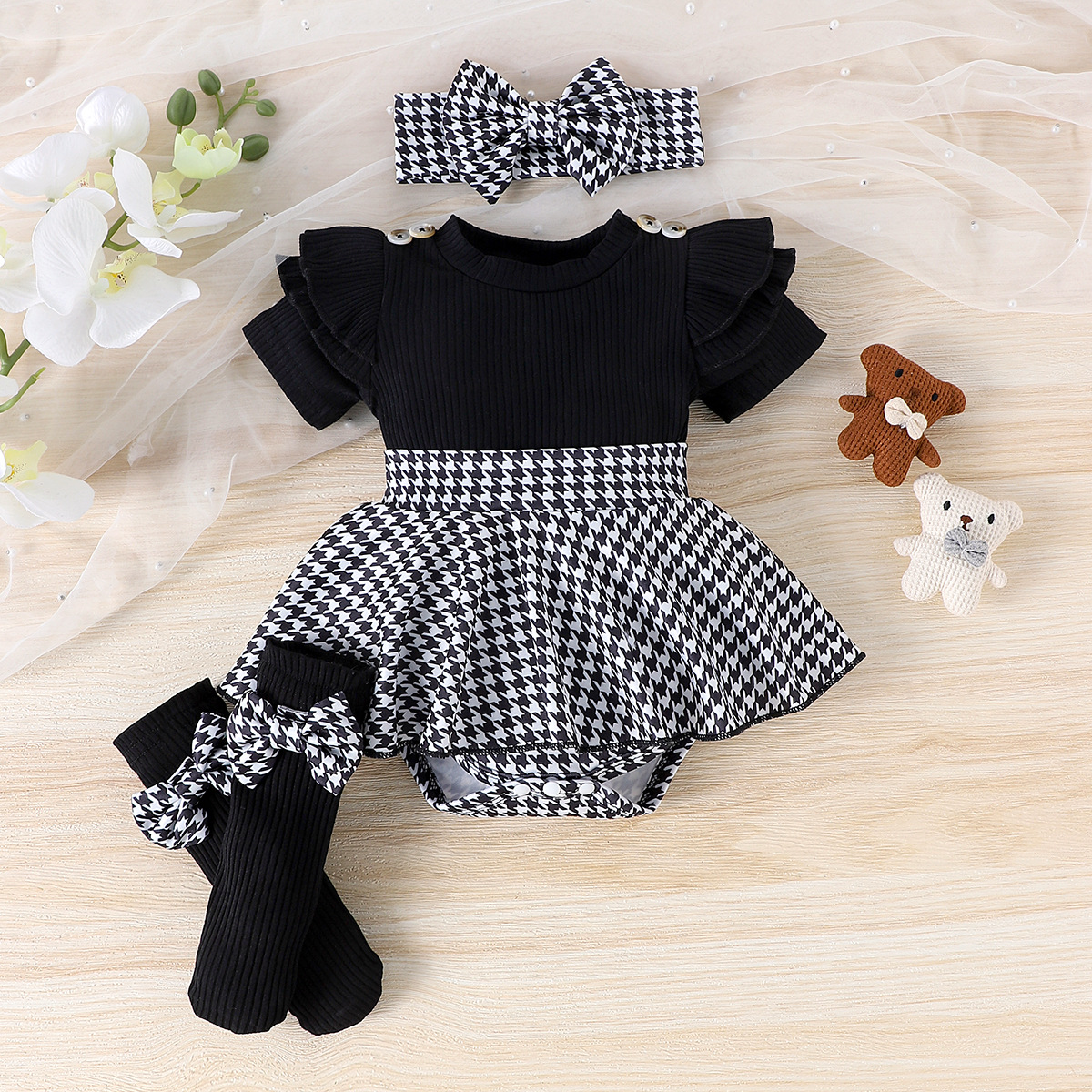 Children's Clothing Amazon Cross-Border European and American Girls Black Top Houndstooth Skirt Suit New