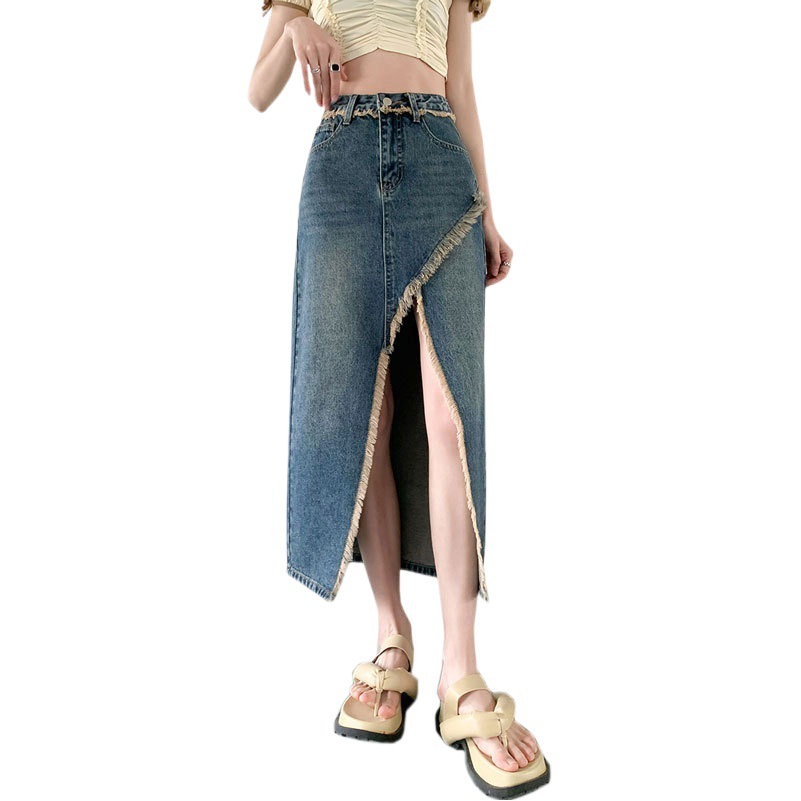 Irregular Split Skirt A- shaped Mid-length Straight One-step Hip Skirt Casual Rust High Waist Denim Skirt for Children