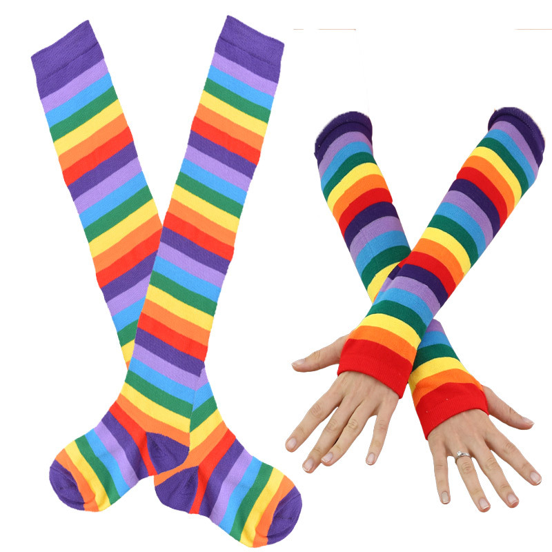 Cotton long tube rainbow gloves with thumb hole cosplay stage performance